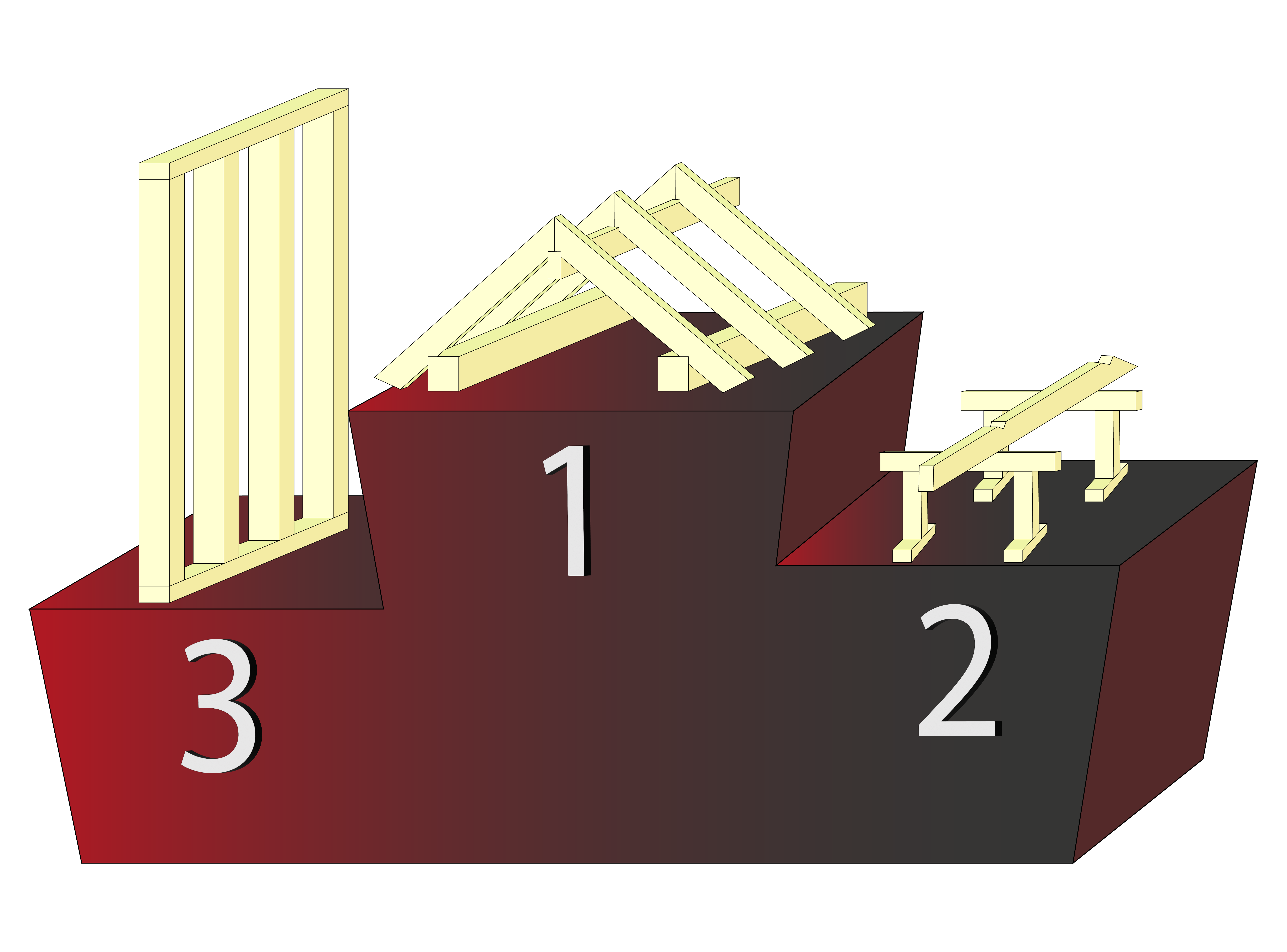 Darstellung eines Siegerpodests. Auf Platz 3 steht eine Holzrahmenbauwand. Auf Platz 2 ein Sparren auf hozböcken, zur Darstellung des Lohnabbundes. Auf Platz 1 ist ein Dachstuhl dargestellt.