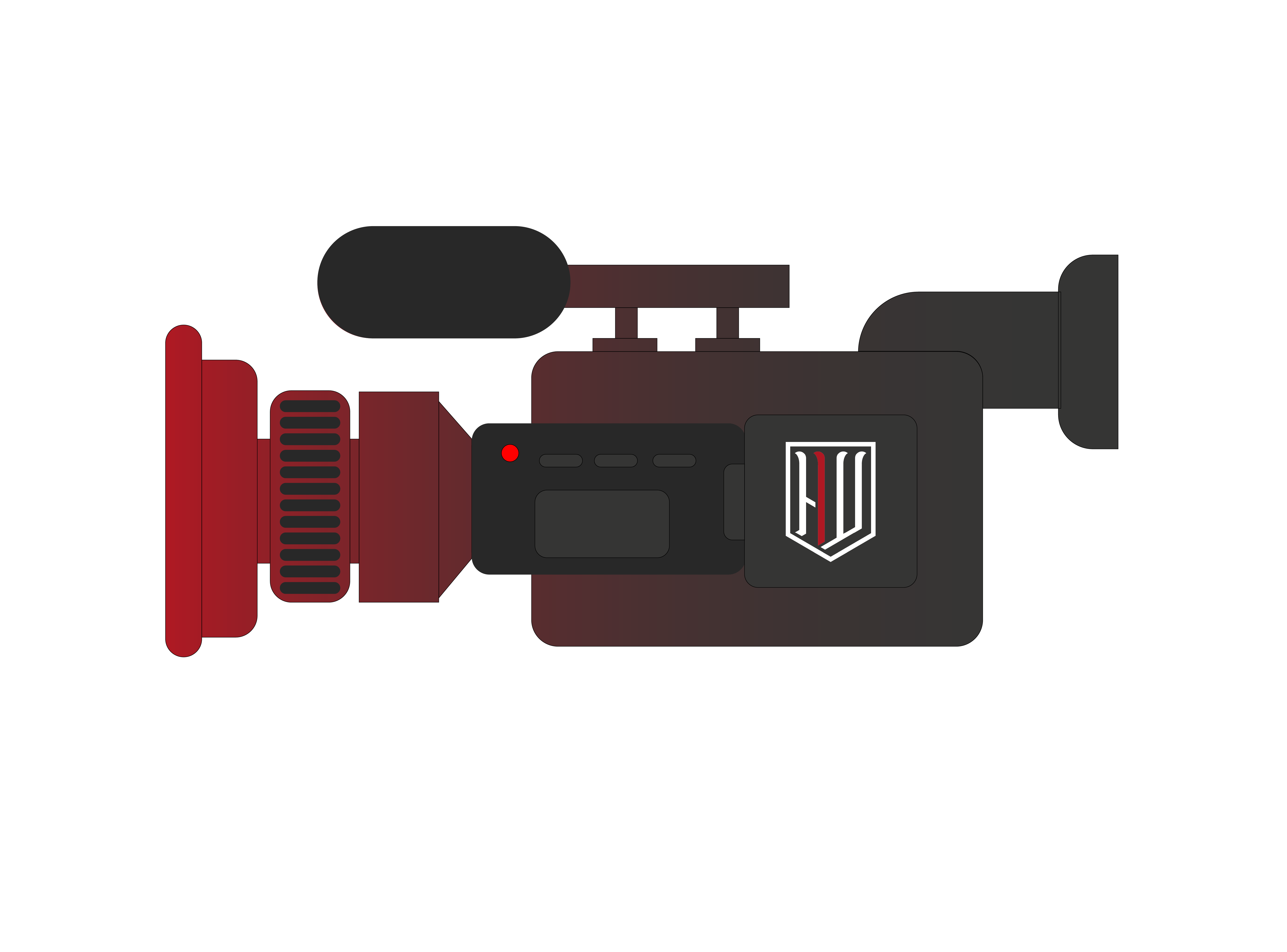 Eine Videokamera die von Rot in Schwarz verläuft und seitlich das Hand-Werk Marketing Logo hat